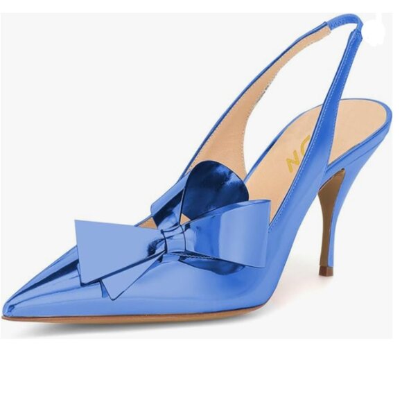 YDN Shoes - YDN Sky Blue Stiletto Heel Pumps Bow Pointed Toe Slingback Slip on Dress Shoes